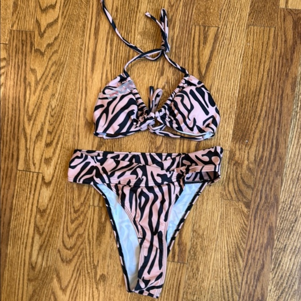 Brown and black zebra print striped bikini